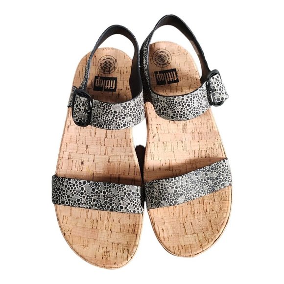 Fitflop Sandals Black White 10 Leather Open Toe Ankle Strap Cork Platform Wedge - Picture 4 of 8